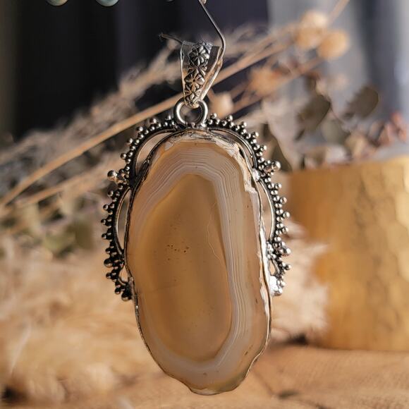 Radiant Golden Banded Agate Pendant, Sterling Silver Vintage-Inspired Necklace - Picture 10 of 10
